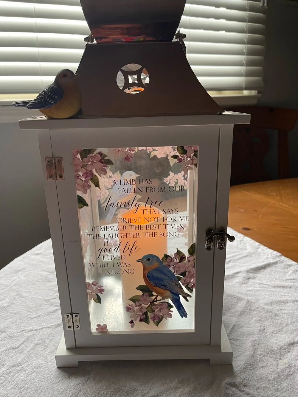 White & Copper Bird Memorial Lantern Decorative Cabinet with Floral Glass